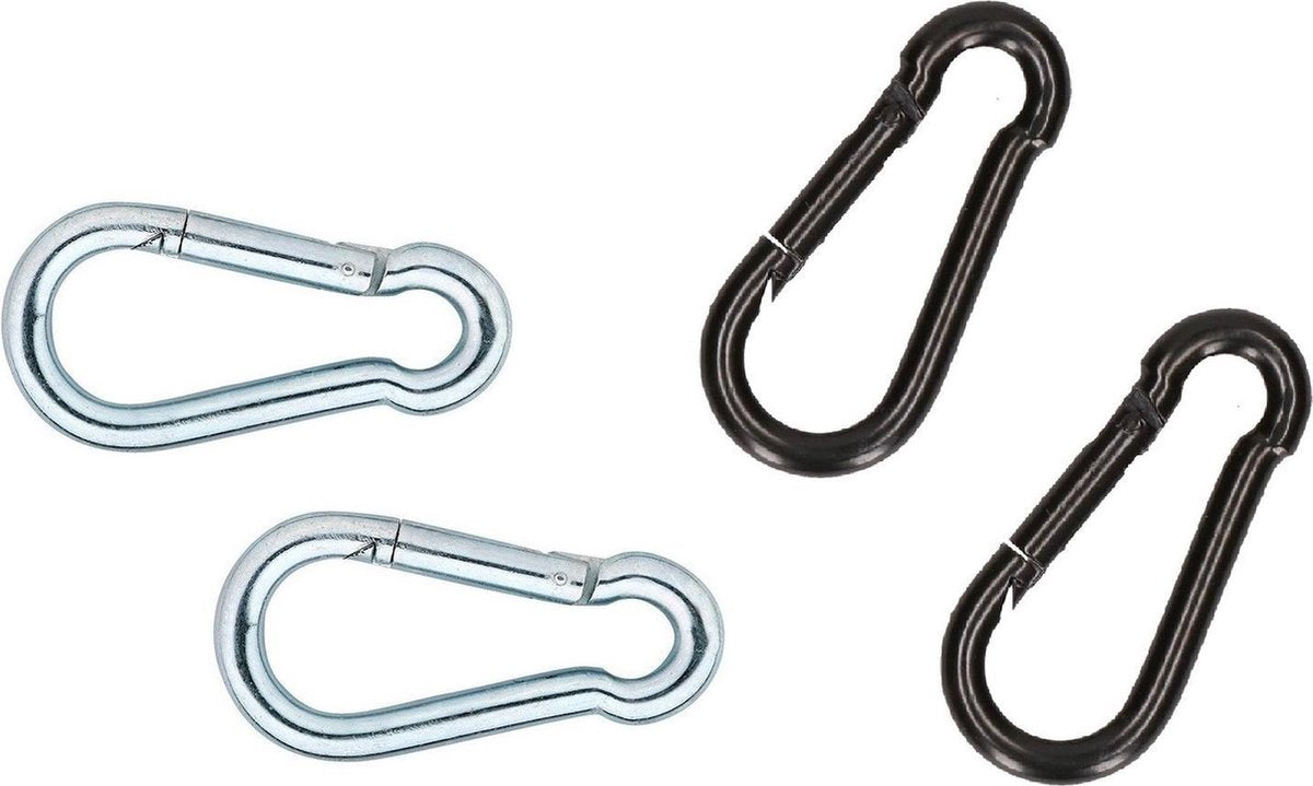 4x stuks karabijnhaak / karabijnhaken verzinkt staal - 8 cm - 2x zwart en 2x zilver - snaphooks/ carabiners