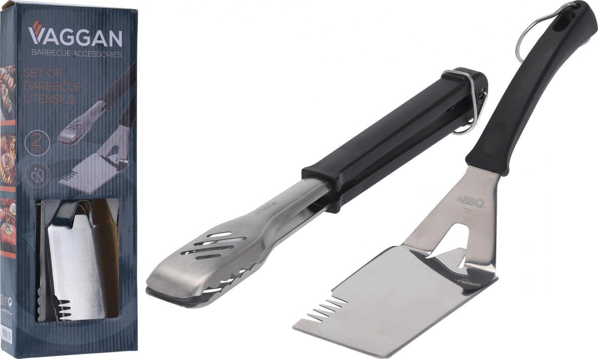 BBQ set Roestvrij Staal – 37x13x5cm | Spatel en Vleestang voor de Barbecue RVS met Ophanghaak