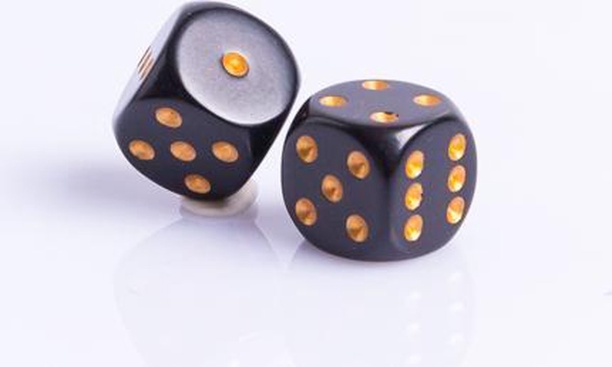 6 Vlakken Dobbelsteen Zwart met Gouden Stippen 16mm Set van 12