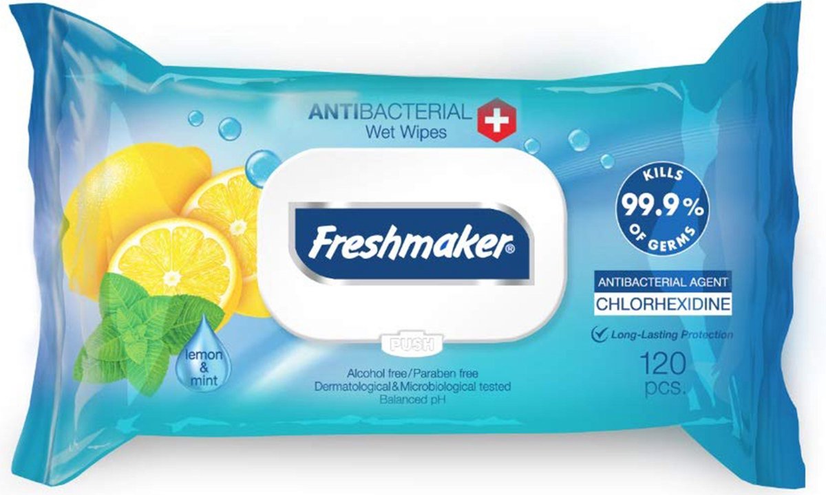 Antibacteriële doekjes - 120 st - Vochtige doekjes voor diepe reiniging van Handen en Oppervlakken - Freshmaker - Hygiënisch - Reinigingsdoekjes geschikt voor openbare plaatsen - Deurknoppen/ Stoelen/ Tafels/ Toilet - Frisse geur -
