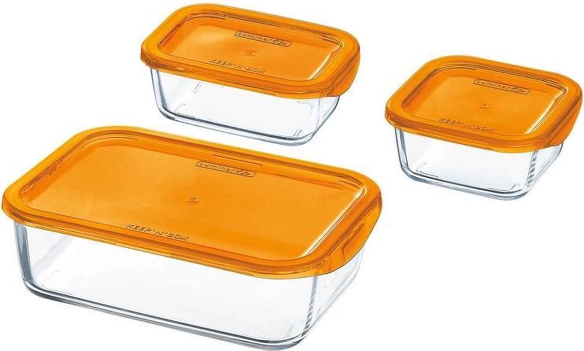 3x Glazen voorraad/vershoud bakjes oranje - Voedsel bewaar bakjes - Mealprep – Lunchbox