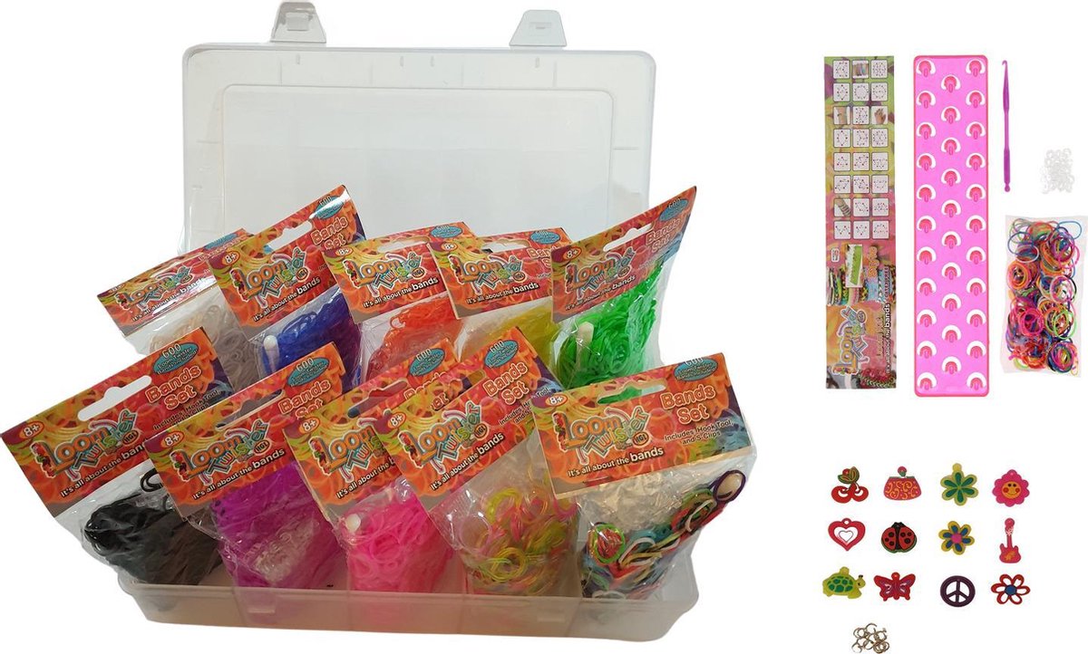 Loom opbergkoffer met 6.000 multikleur loombandjes - loomdoos met loomloomhaken