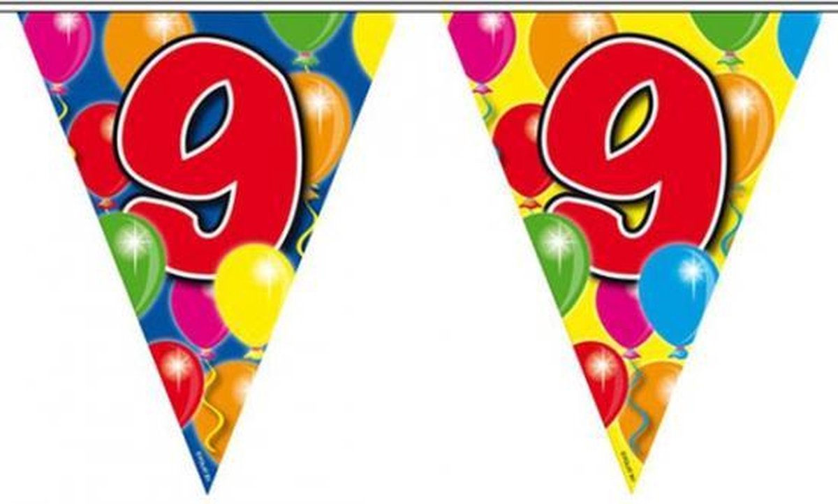3x Leeftijd versiering vlaggenlijnen / vlaggetjes / slingers 9 jaar geworden thema 10 meter