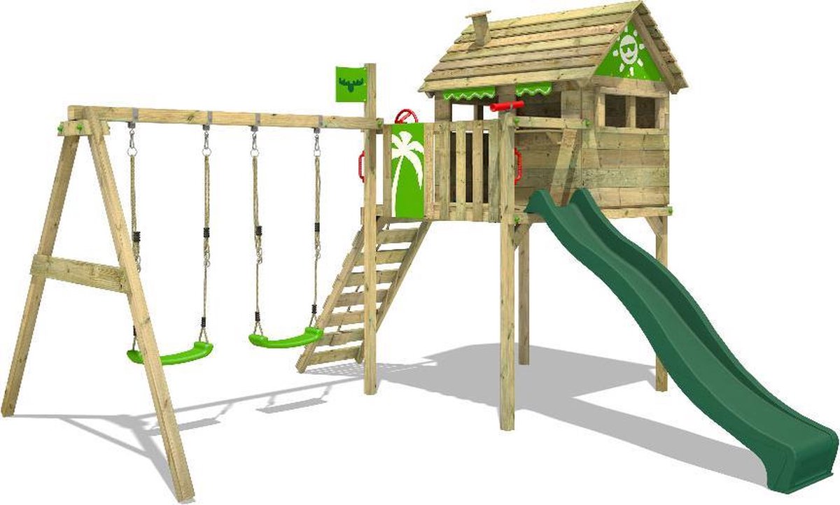 FATMOOSE Speeltoestel voor tuin FunFactory met schommel en groene glijbaan