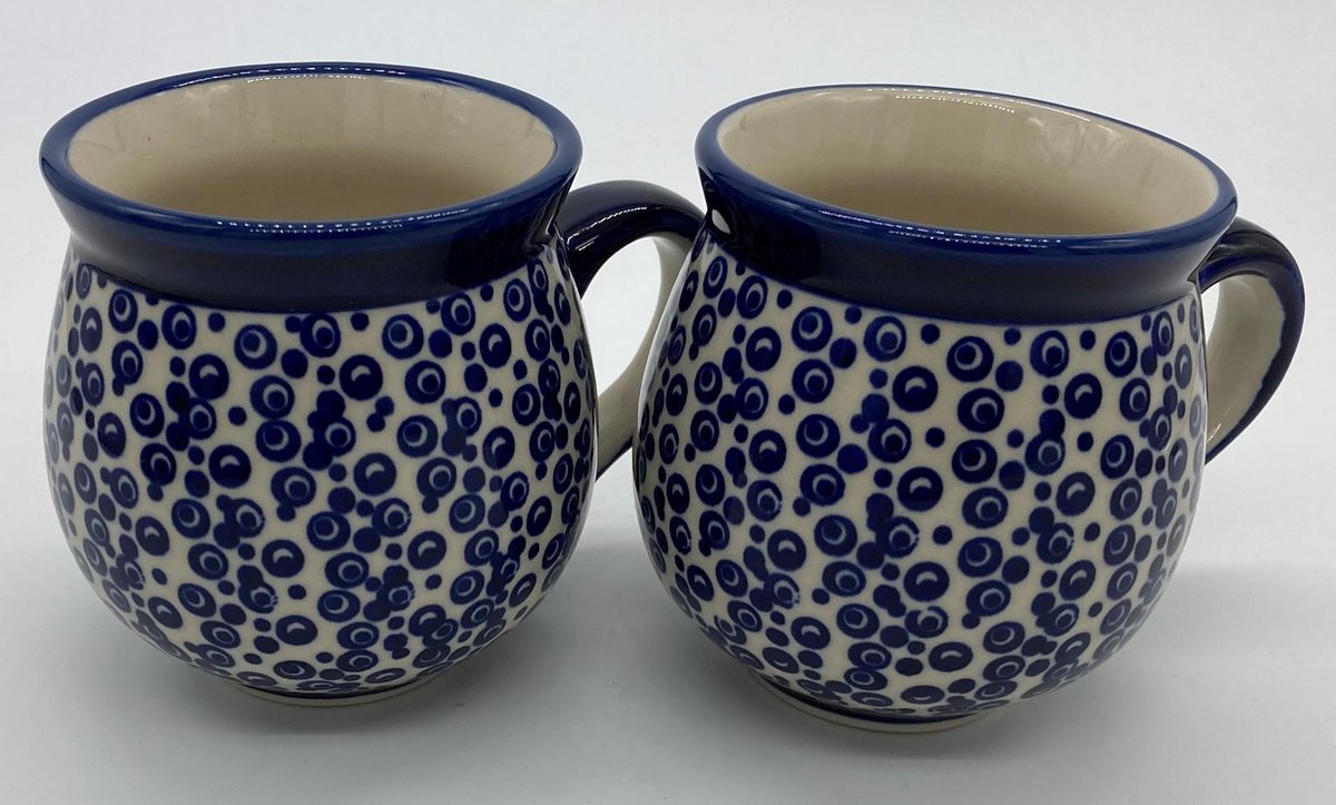 Bunzlau keramiek 2 x boeren beker 300 ml blauwe stip