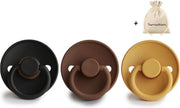 FRIGG | Fopspeen set 3 stuks | T2 | 6-18 maanden | Classic | Silicone | Jet Black + Milk Chocolate + Honey Gold | Met YOURMUSTHAVES speenzakje
