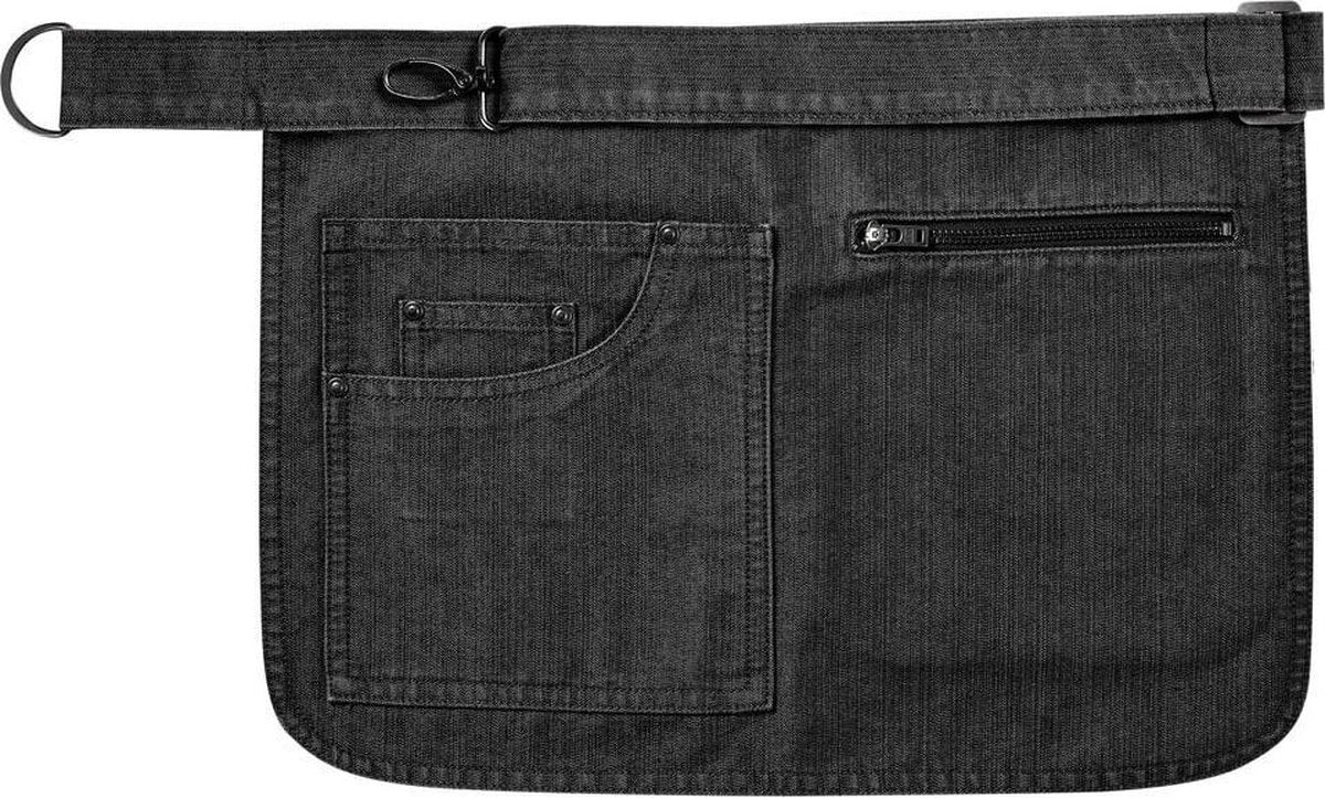 'Metro'  Apron Zwart/Denim  PR138  Met een tabletzak in jeansstijl en een ritszak. Regelbare riem met sluithaak in antiek messing en een D-ring.
