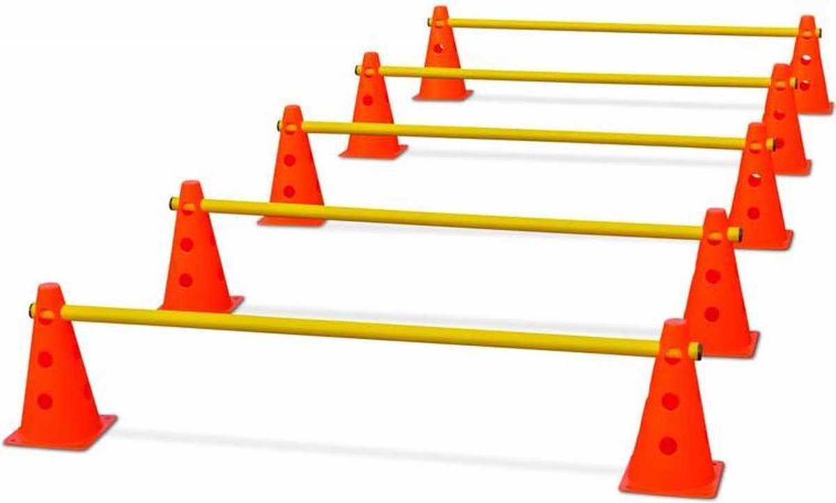eSAM® - 15 delige Verstelbare Kegel hordenset - Pionnen horden set - hoogte verstelbaar - Pion hoogte 23 cm - 10 oranje kegels - 5 gele dwarsstangen