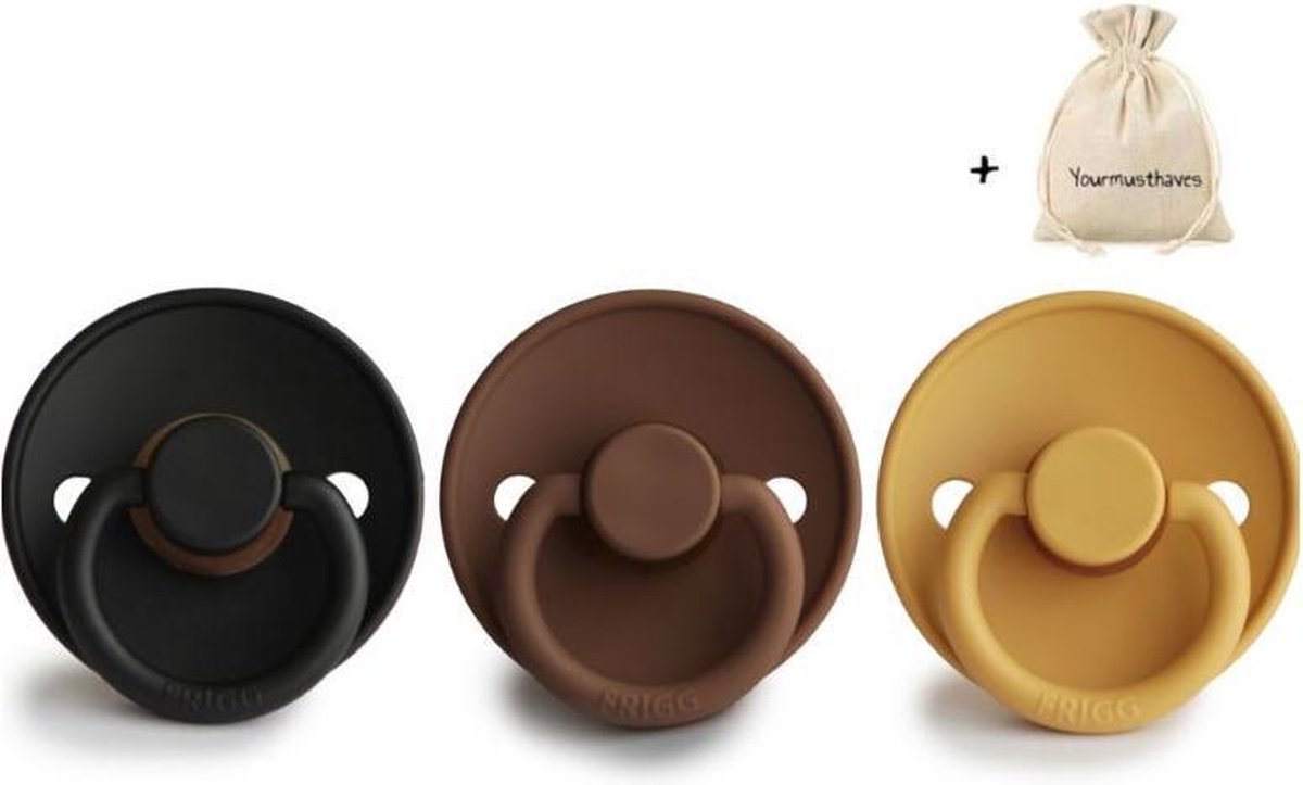 FRIGG | Fopspeen set 3 stuks | T1 | 0-6 maanden | Classic | Silicone | Jet Black + Milk Chocolate + Honey Gold | Met YOURMUSTHAVES speenzakje