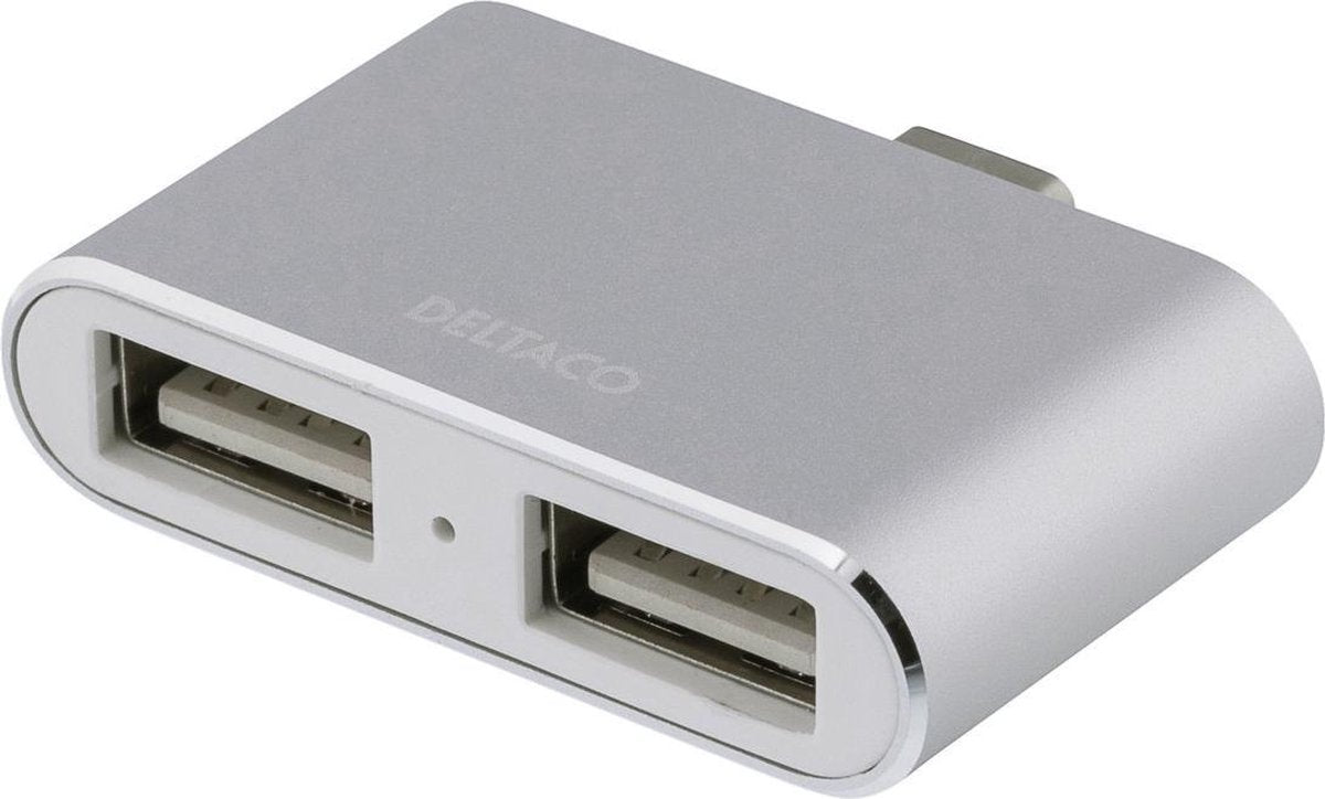 Deltaco USBC-HUB6 USB-C mini hub met 2 x USB 2.0 USB-A poorten met OTG aluminium Zilver