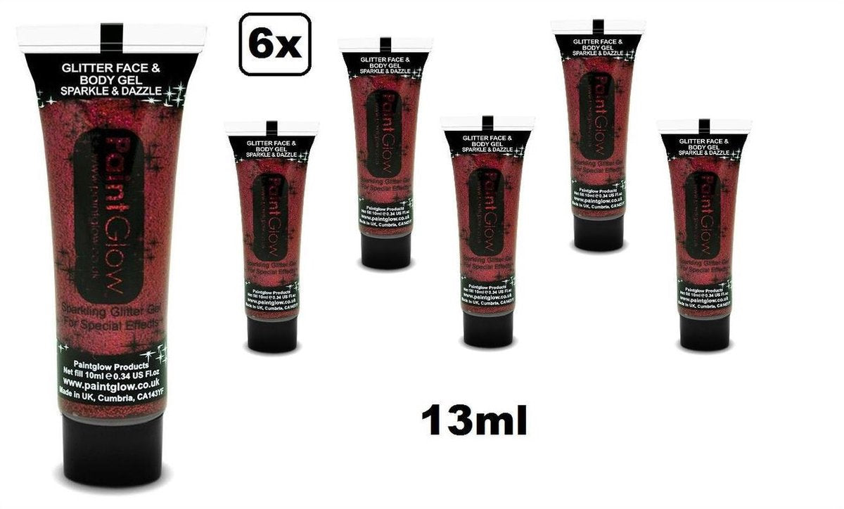 6x Face & body paint 13 ml glitter rood