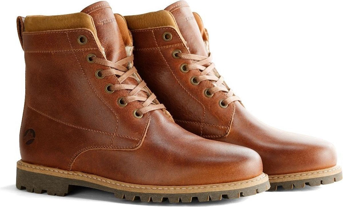 Travelin Esbjerg Dames Hoge Leren Veterboots - Vibram zool -<br />  Cognac Leer - Maat 36