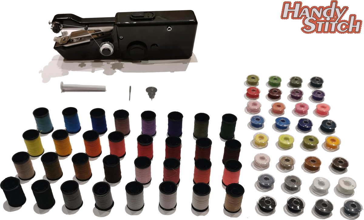 Handy Stitch - PREMIUM Handnaaimachine met 64 Spoelen garen en accessoires - Compact - Draadloos - Draagbare reis naaimachine - Elektrisch of op Batterijen