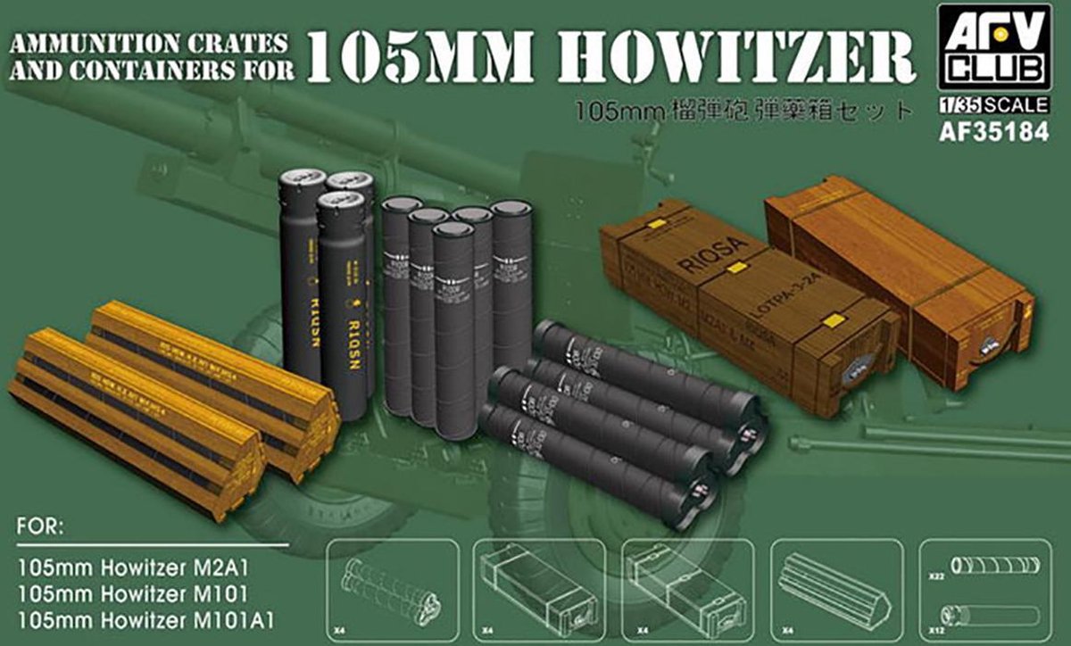 AFV-Club Ammunition Crates and Containers for 105mm Howitzer (M101/M101A1/M2A1) + Ammo by Mig lijm
