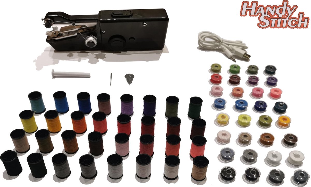 Handy Stitch - PREMIUM Handnaaimachine met USB Kabel + 64 Spoelen garen en accesoires - Compact - Draadloos - Draagbare reis naaimachine - Elektrisch of op Batterijen
