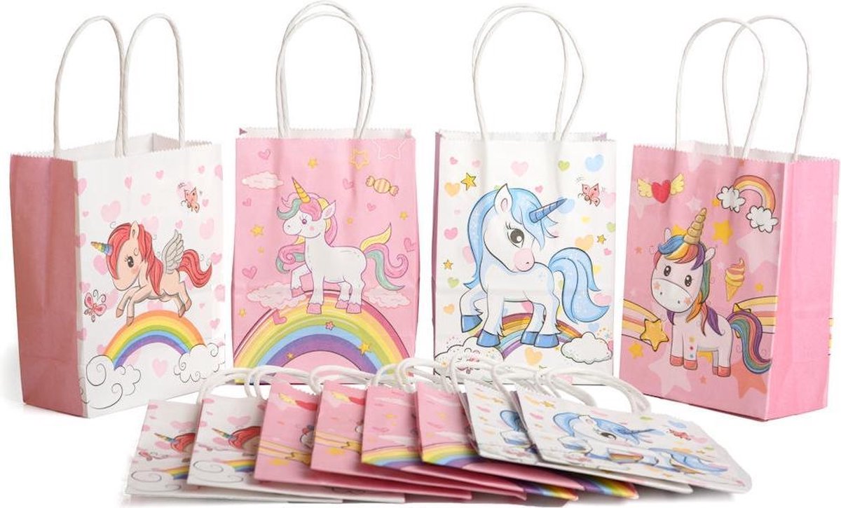 Decopatent® 12 STUKS MIX Unicorns Eenhoorn Traktatie Uitdeel papieren zakjes met handvat - Traktaitezakjes voor uitdeelcadeautjes