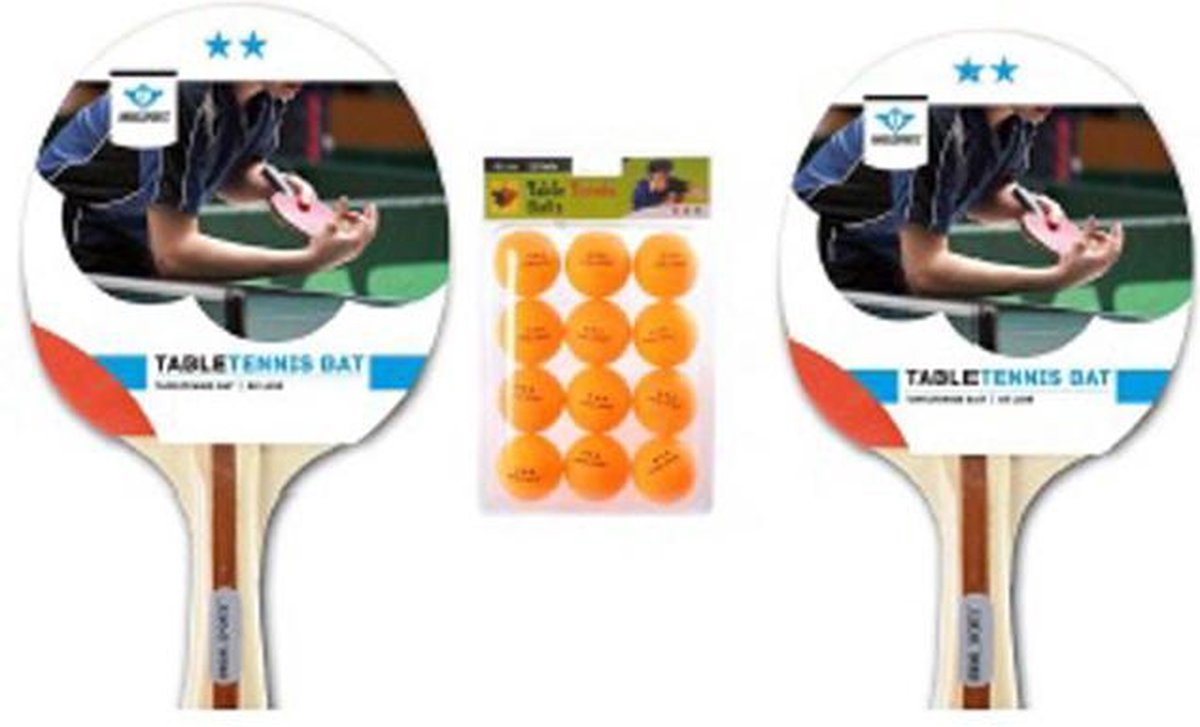 Tafeltennisbats| 2x Angel 2 ster| 12 tafeltennisballen Angel 3 ster| Tafeltennisbatset