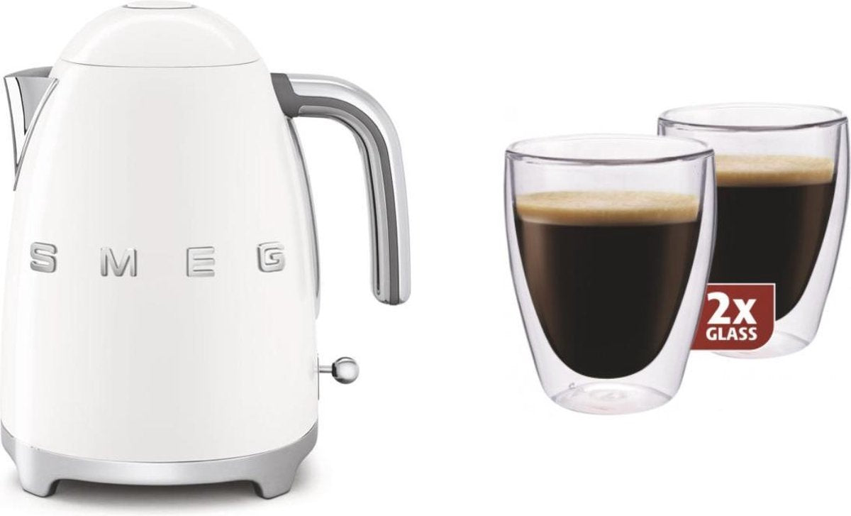 Smeg KLF03WHEU - waterkoker - Wit + Maxxo dubbelwandige glazen - 2 stuks