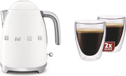 Smeg KLF03WHEU - waterkoker - Wit + Maxxo dubbelwandige glazen - 2 stuks