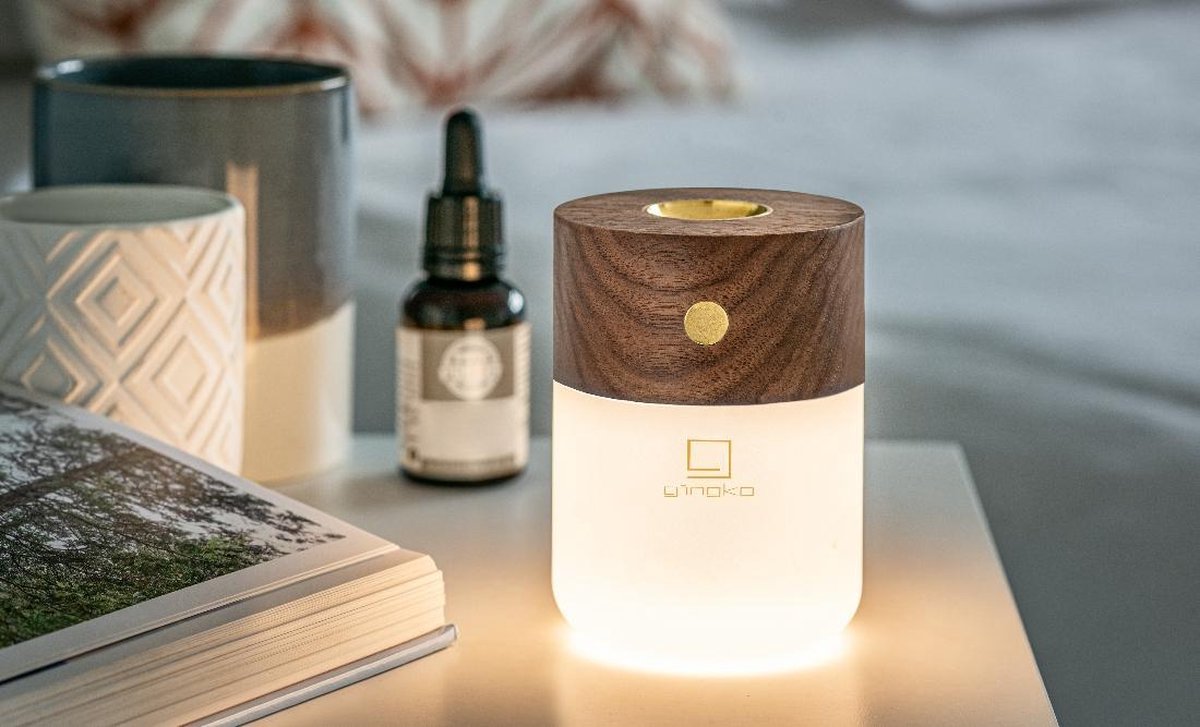 Gingko – Smart Diffuser Lamp –  Notenhout - Verdamper – Aromatherapie - Geurverspreider - Oplaadbaar - Luxe lamp