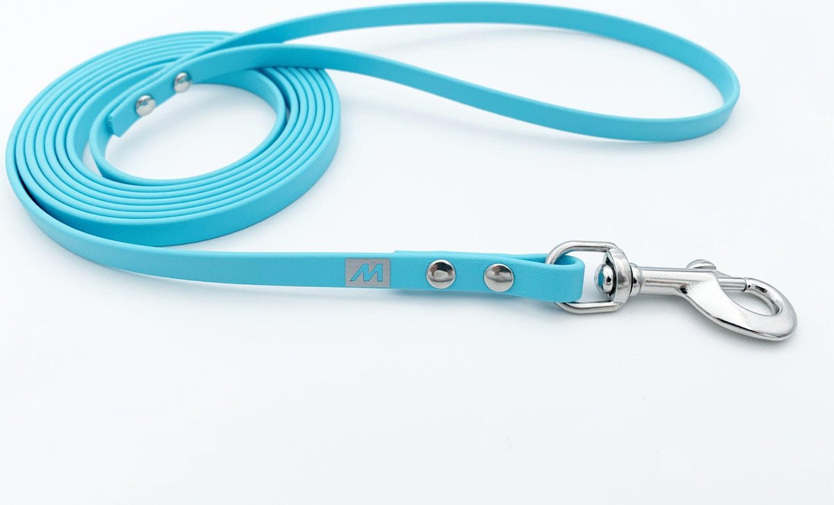 Miqdi BioThane hondenriem – licht blauw – 9 mm breed - 2 meter lang - met handvat