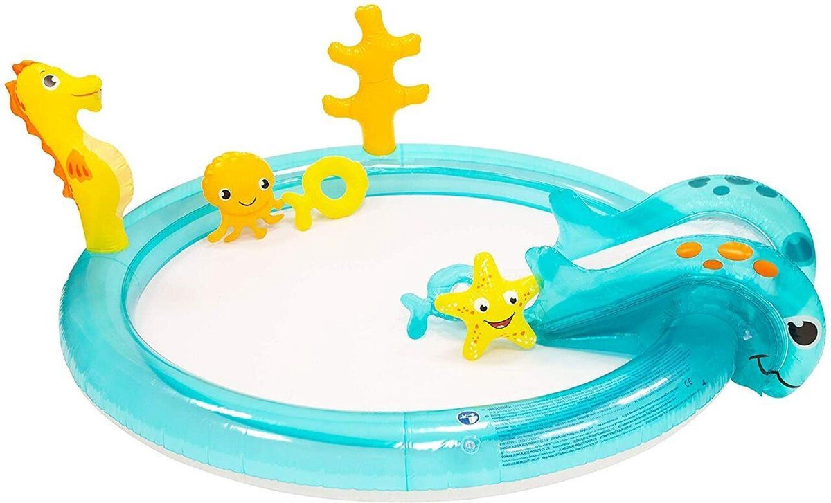Opblaasbaar Kinderzwembad Speelbad Zeepaard - Met Glijbaan - 198 cm x 175 cm x 15 cm - Met speelatributen - Aan te sluiten op Tuinslang