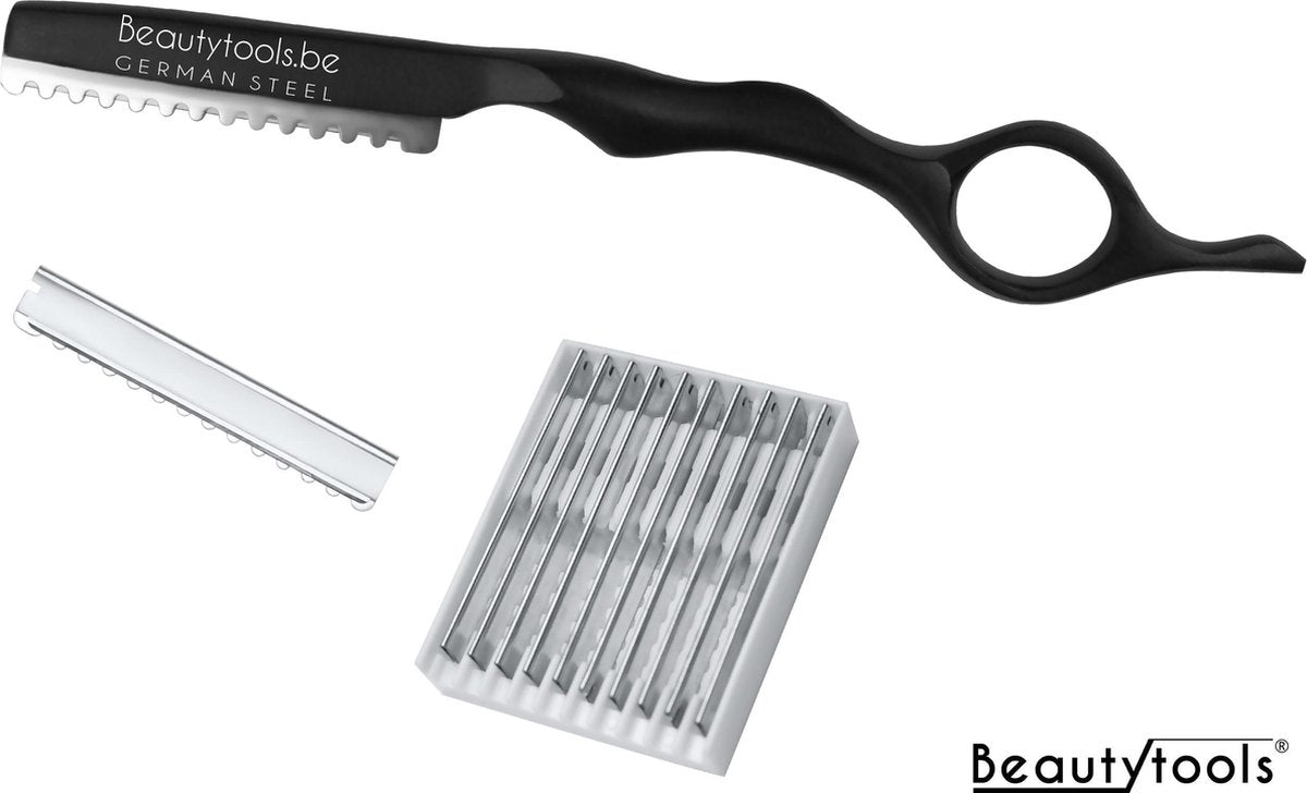BeautyTools Set Pro Matte Black Kappersmes/Feather Mes - Uitdunmes - Effileermes Voor Dik Haar - (incl. 11 Feathermesjes) - (SR-1239) FB11