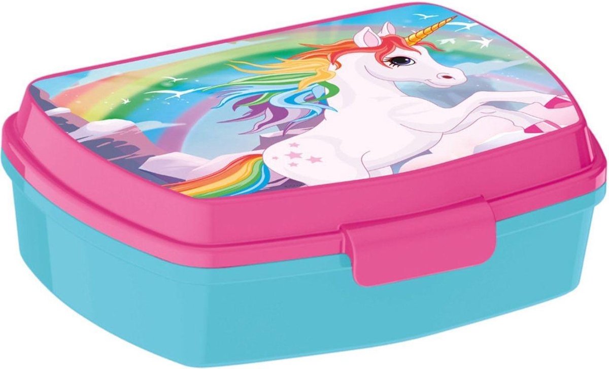 Eenhoorn broodtrommel - blauw met roze - Unicorn lunchbox