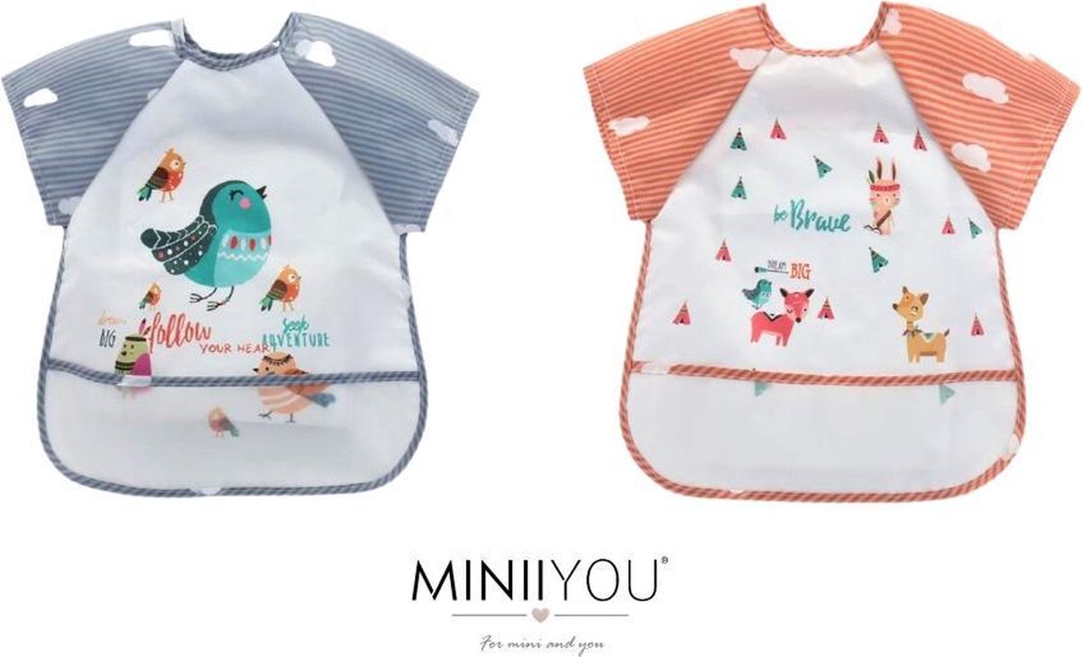 Duo pack - Slabbetje korte mouwen Lente - zomer slab - Vogel Hertje - Baby peuter slabber - wasbaar