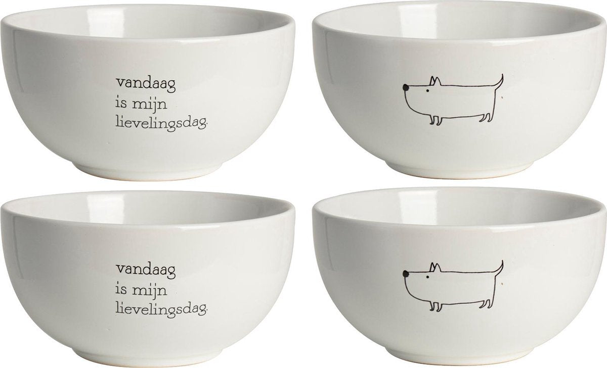 Kommenset 2 stuks Ø13 x 7 cm "Vandaag is mijn lievelingsdag" en "Hondje" - wit - set 2 stuks