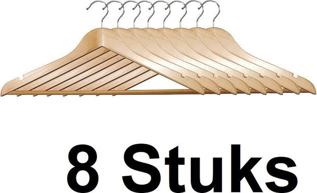 8 STUKS Luxe FSC® houten kledinghangers | Stevige klerenhangers met antislip-broekstang | Klerenhanger | Kleerhanger | broekenstang | 44