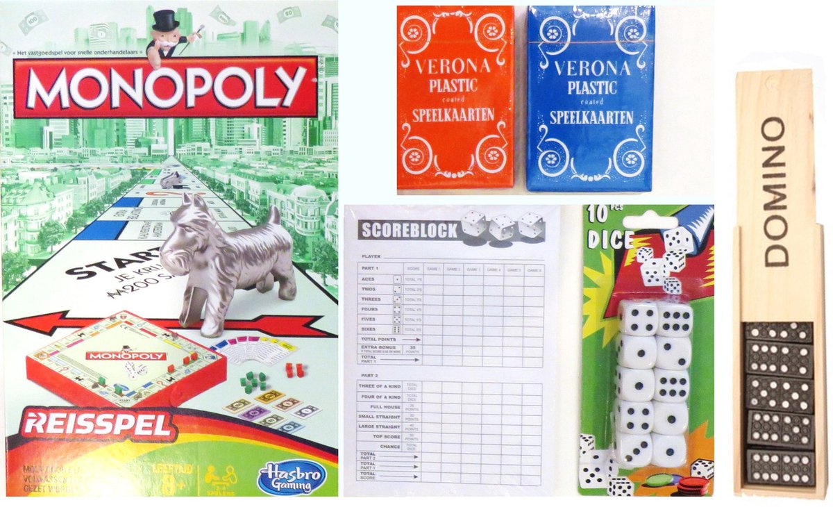 Vakantie Reis spelletjes pakket. Spel Monopoly reis editie – Domino - Yatzee score kaarten – 10 dobbelstenen – 2 pakken speelkaarten.