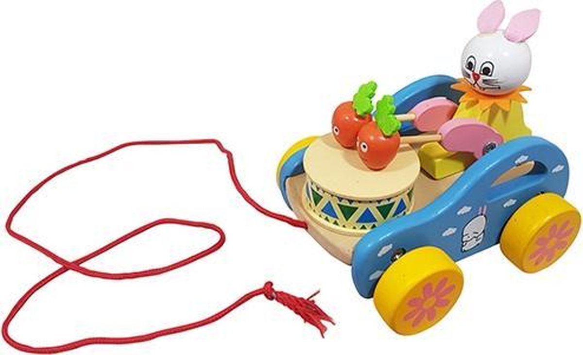 Houten trekfiguur konijn met trommel