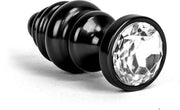 Aluminum Geribbelde Buttplug met kristal - zwart