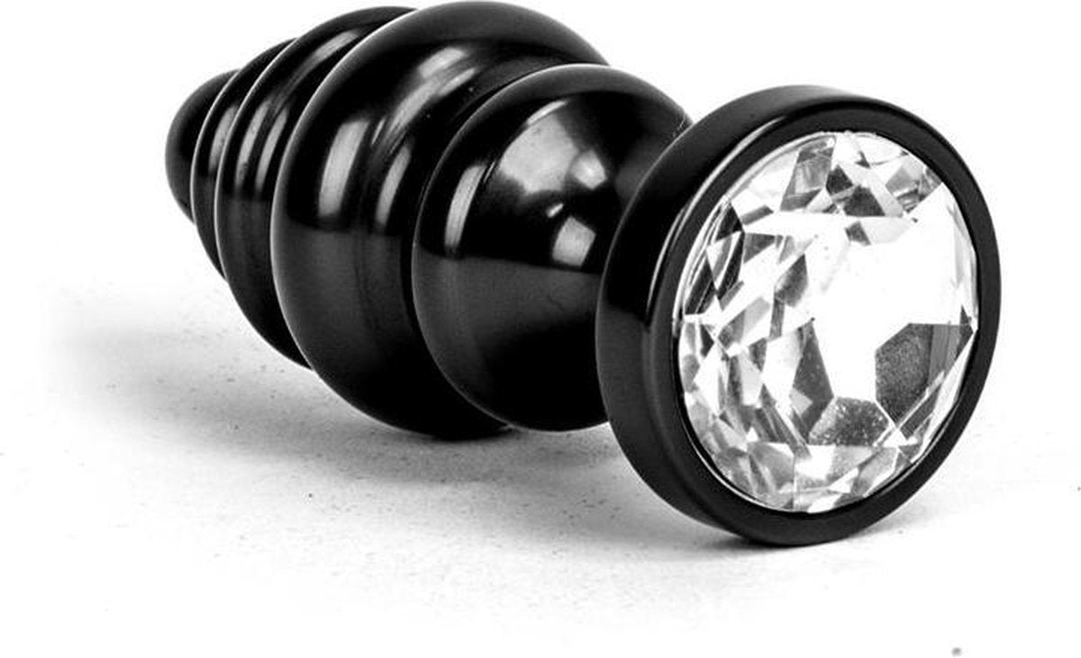 Aluminum Geribbelde Buttplug met kristal - zwart