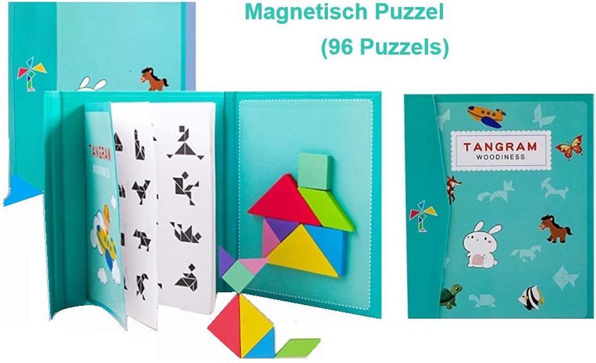 Montessori Houten Speelgoed Puzzel - Educatief Magnetisch Puzzel voor Peuters – (96 Puzzels) – Puzzelboek / Magneetboek / Vormenpuzzel – Groen / Montessori Houten Puzzel met Oplossing / IQ educatief speelgoed cadeau voor kinderen / Tangram Puzzelboek
