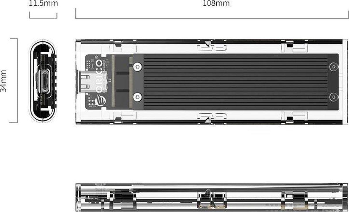 Orico NVMe M.2 SSD behuizing 10Gbps - Transparant - Zwart aluminium