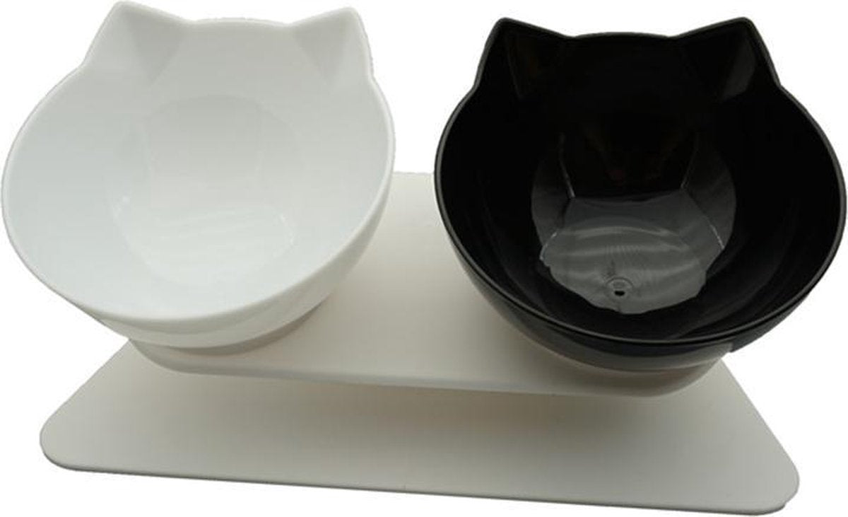 Dubbele voerbak voor Katten - Voerbak voor Huisdieren - Ergonomische voerbak voor Katten - Kantelbare Schaal -2 in 1 voeder- en drinkbakset-  Accessoires voor Huisdieren - Wit / Zwart