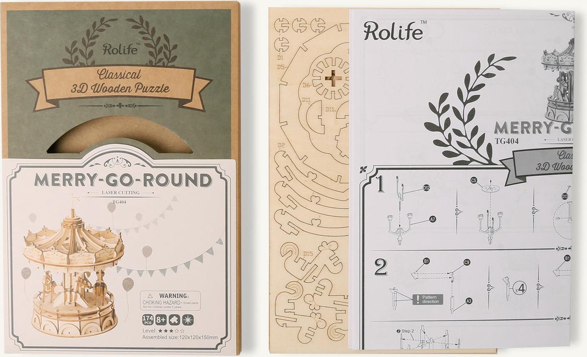 Robotime 3D puzzel modelbouw pakket Merry Go Round 12x12x15cm Hout Naturel