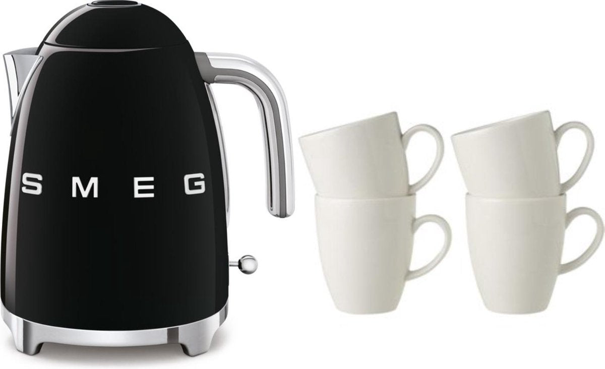 Smeg KLF03BLEU - Waterkoker - Zwart + York Bekers 250 ml - 4 stuks