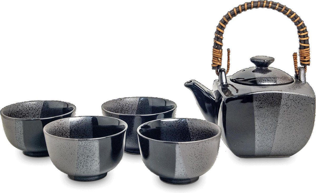 Japanse Thee set - 5 delig - Luxe Thee Set - Traditionele Thee Set - Zwart - Porselein Theepot met Mokken - 4 Porselein kopjes - Met theezeefje - Theefilter - Losse thee - Thee ei - Thee infuser - Thee accessoires