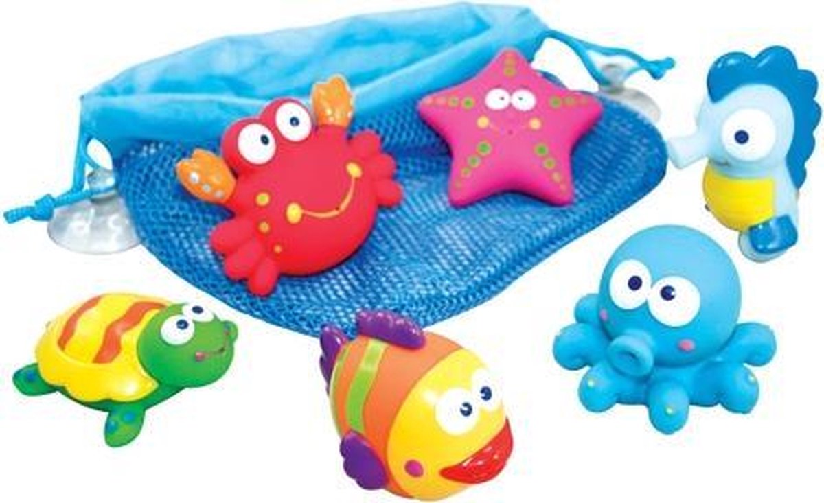 Imaginarium glu-glu SQUEEZ SEA - 6 x Knijpbeestjes voor in Bad - Inclusief Opbergtas met gaas en zuignap