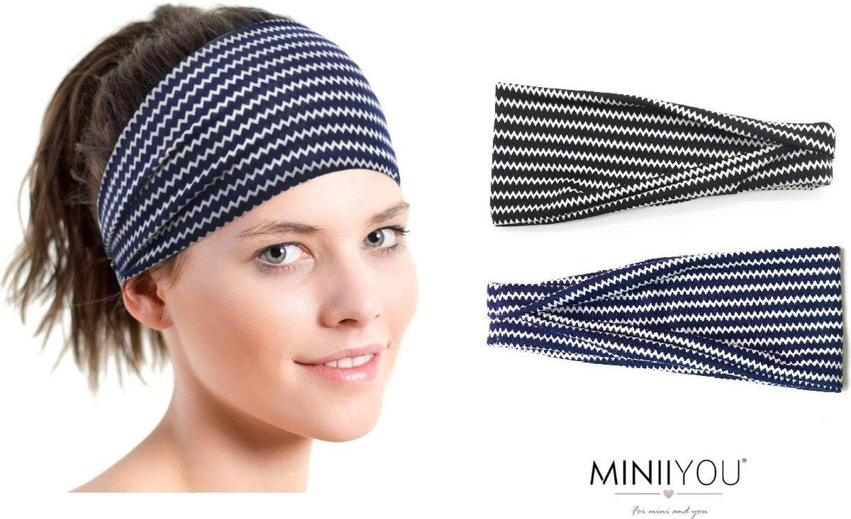 2-pack Dames sport haarbanden blauw zwart strepen - yoga haarbanden gestreept - dames fitness hoofdband | Zweetband - alle seizoenen