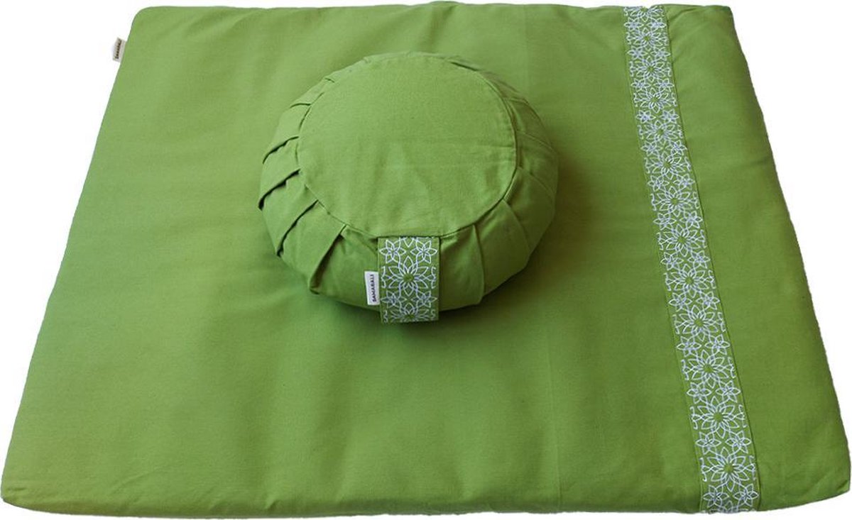 Meditatieset met kussen zafu (Groen) |Meditatiemat Zabuton en meditatiekussen zafu|ethisch geproduceerd van 100% biologisch katoen (GOTS gecertificeerd) | Heeft 2 lagen | Verkrijgbaar in 6 natuurlijke kleuren