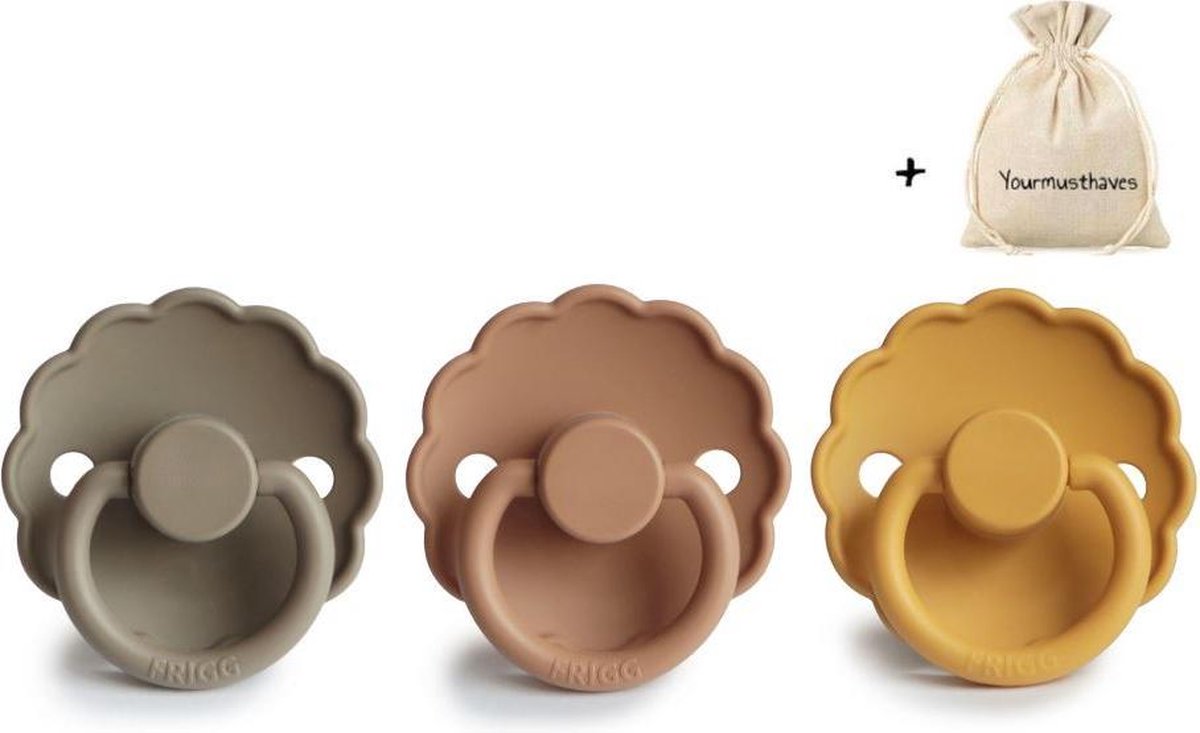 FRIGG | Fopspeen set 3 stuks | T1 | 0-6 maanden | Daisy | Silicone | Portobello + Peach Bronze + Honey Gold| Met YOURMUSTHAVES speenzakje