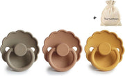 FRIGG | Fopspeen set 3 stuks | T1 | 0-6 maanden | Daisy | Silicone | Portobello + Peach Bronze + Honey Gold| Met YOURMUSTHAVES speenzakje
