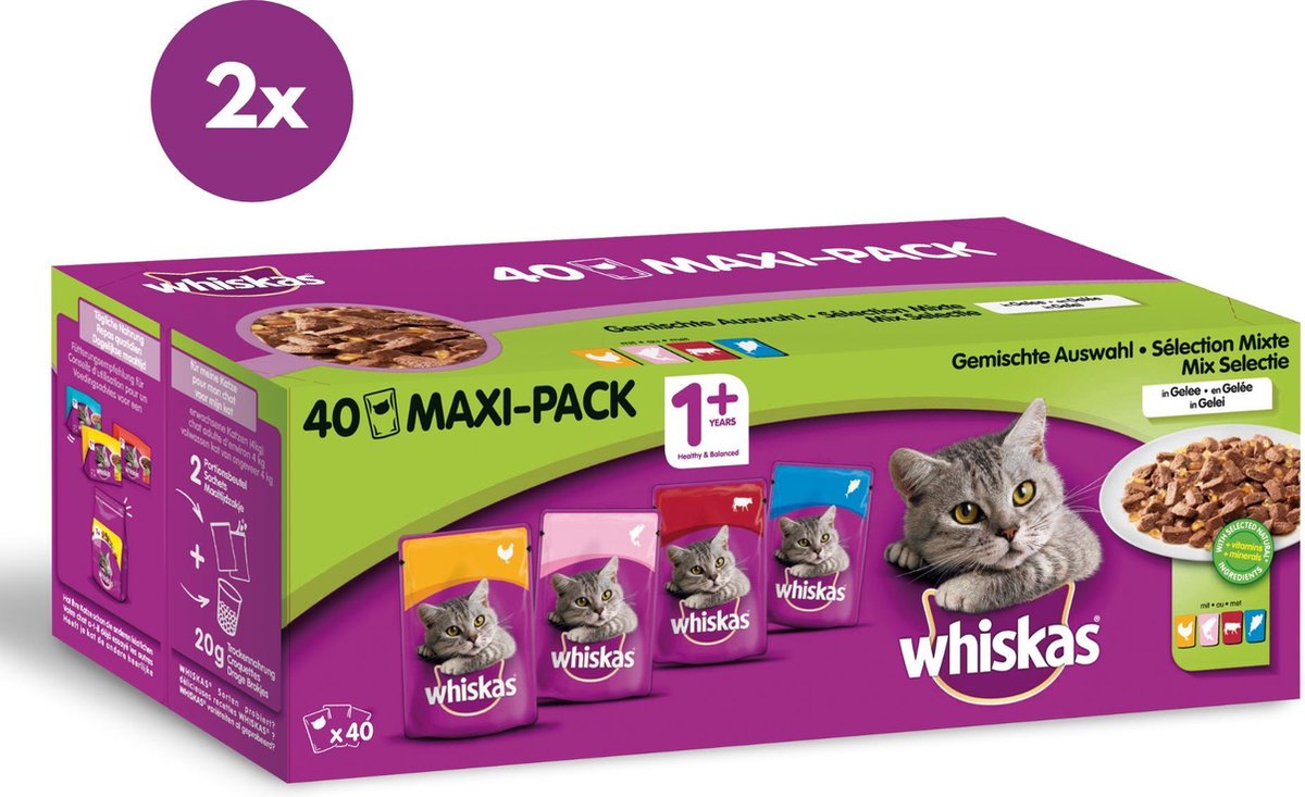 Whiskas natte kattenvoeding vlees + vis - duopack - 80 stuks - 8000 gram
