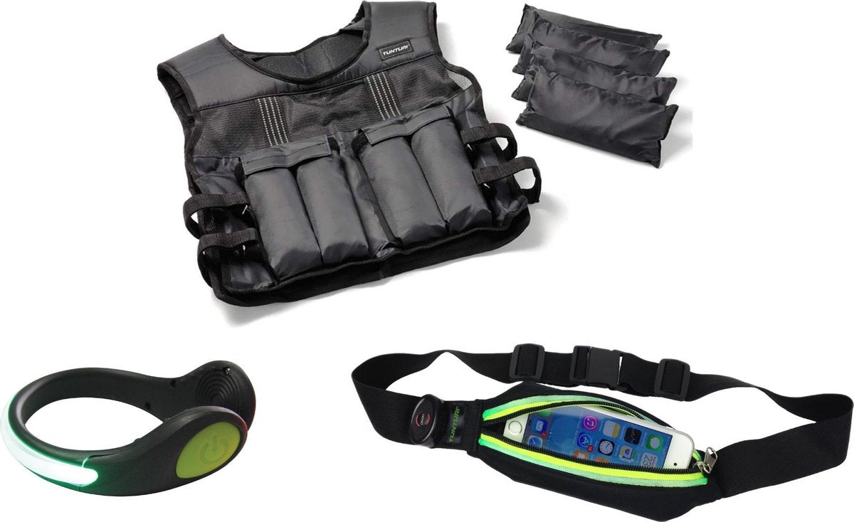 Hardlopen - Hardloopset - 3 stuks - Tunturi - Verlichtingsschoenclip Groen & Hardloopgordel Groen & Gewichtsvest 10 kg