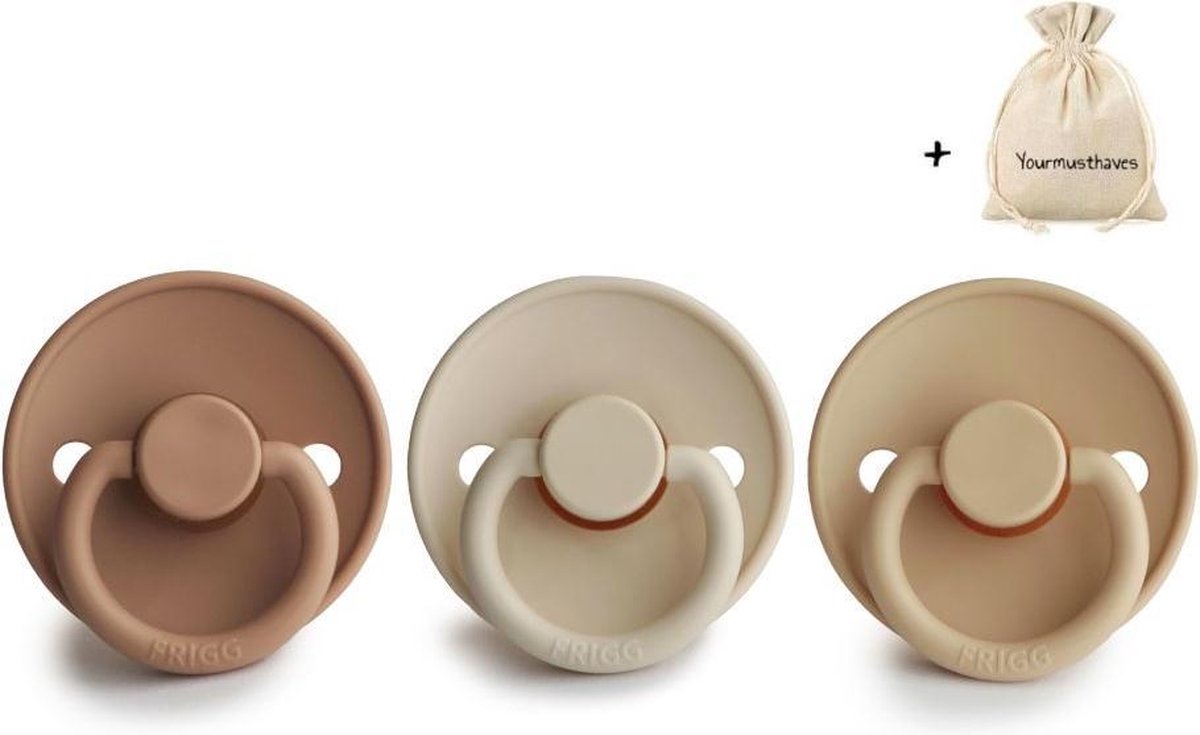 FRIGG | Fopspeen set 3 stuks | T2 | 6-18 maanden | Classic | Natuurrubber | Peach Bronze + Sandstone + Croissant | Met YOURMUSTHAVES speenzakje