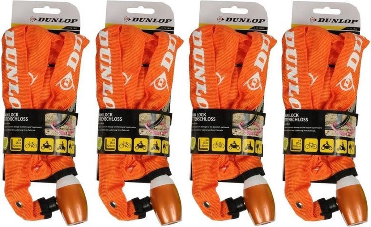 4x Oranje kettingslot Dunlop 120 cm - Kettingsloten voor fiets/scooter/motor